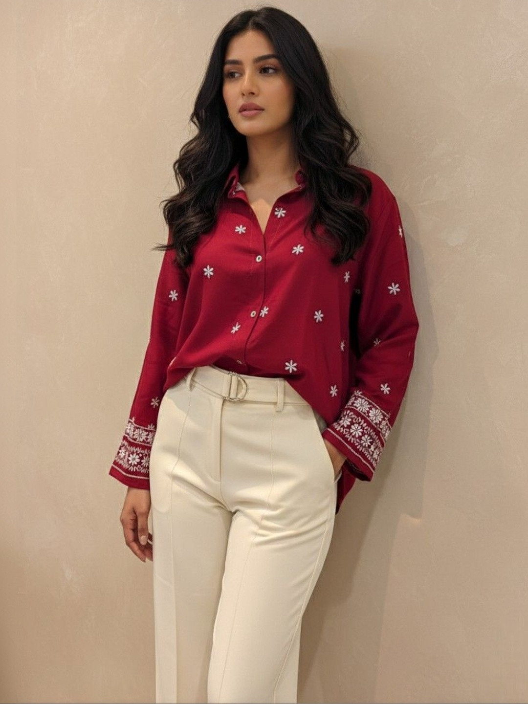 Tzelynn Embroidered Spread Collar Casual Shirt