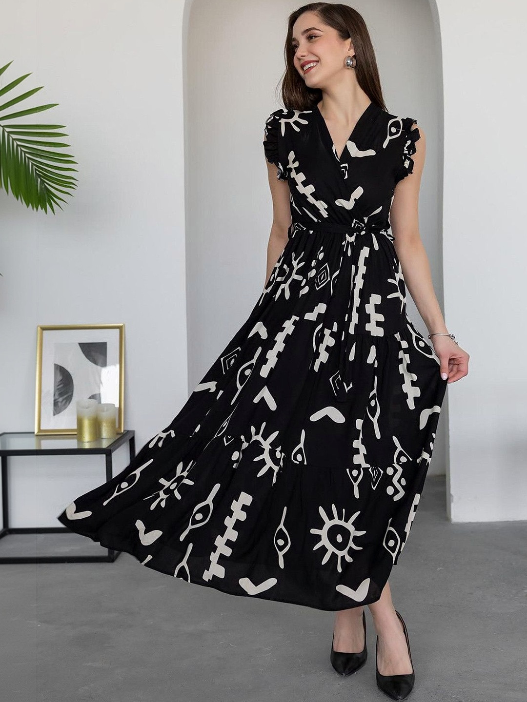 ZWERLON Print Flutter Sleeve Maxi Dress