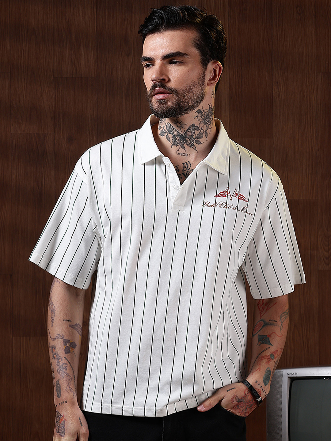Eszett Greek Yacht White Polo Striped Cotton Collar Drop-Shoulder Sleeves Oversized Fit T-shirt