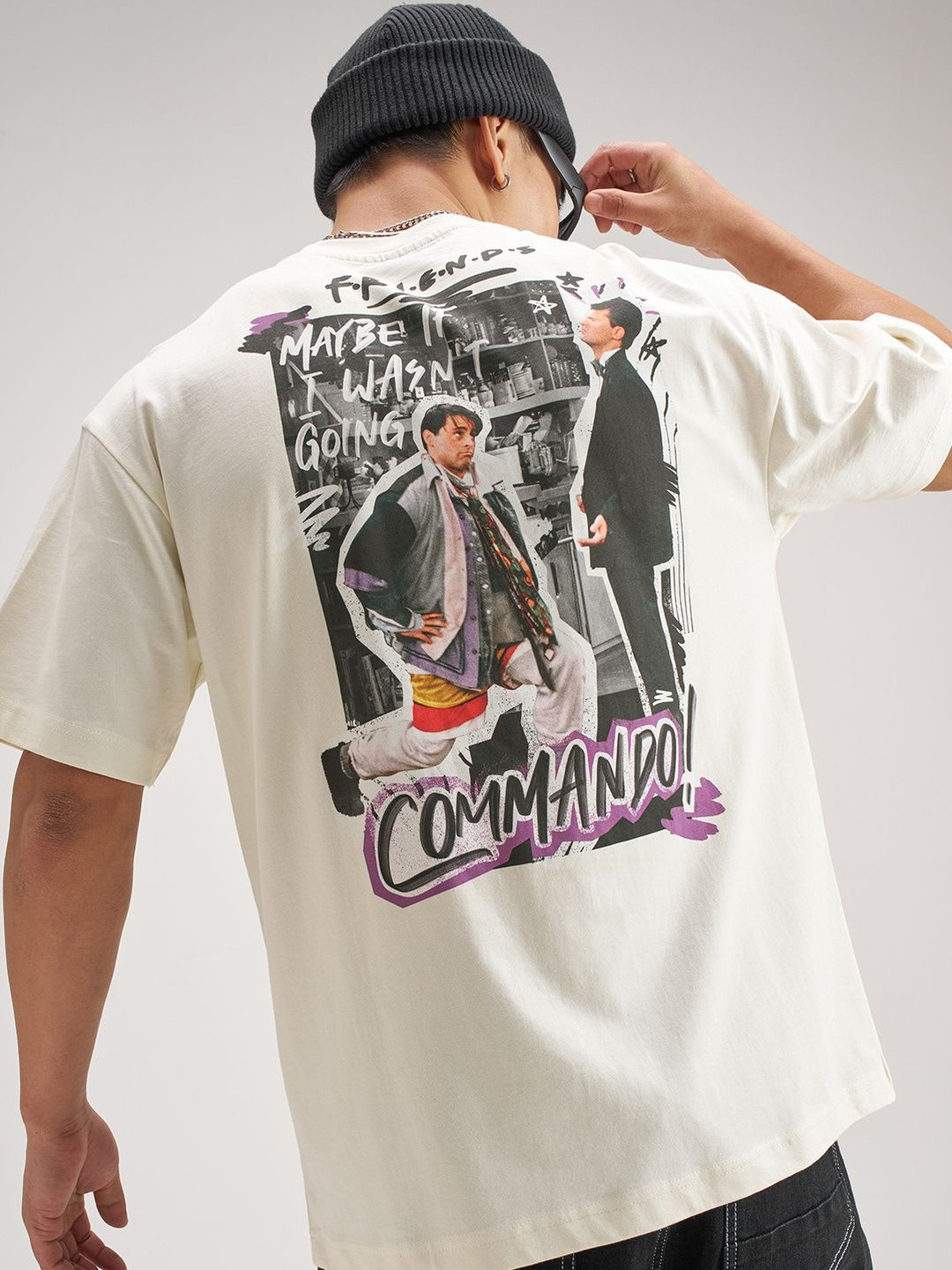 HIGHLANDER Warner Bros Friends Men Off White Round Neck Oversized Graphic Tshirt