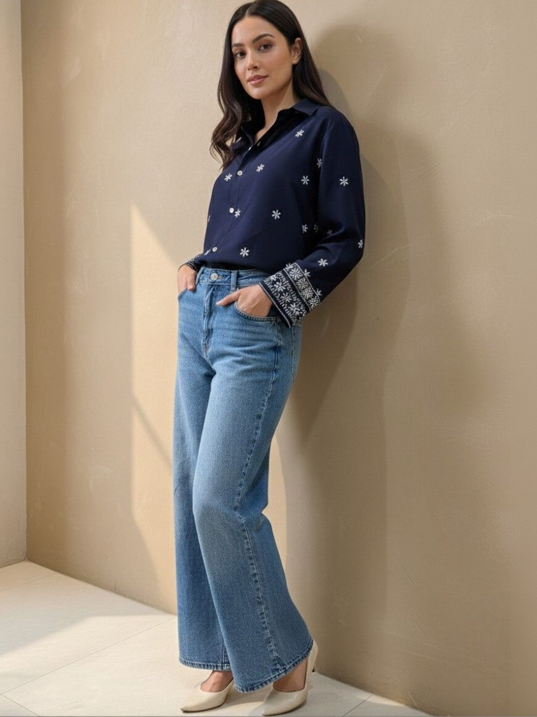 Tzelynn Embroidered Spread Collar Casual Shirt
