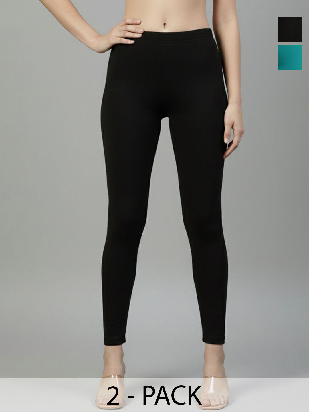 ZAYANQA Women Pack Of 2 Black & Rama Green Slim Fit Mid-rise Stretchable Cotton Ankle Length Legging
