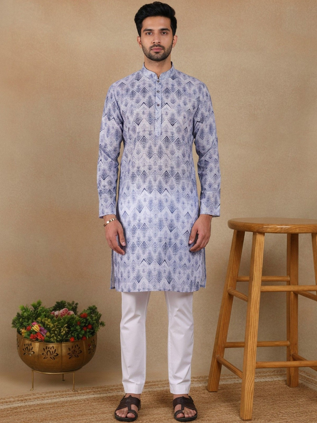 HERE&NOW Men Ethnic Motifs Printed Handloom Kurta