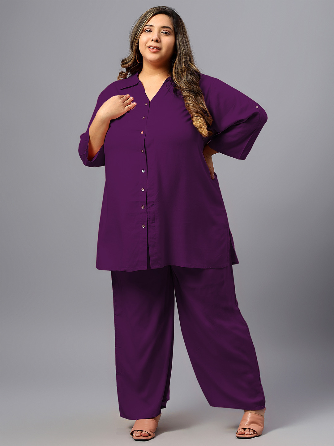 Indietoga Plus Size Roll-Up Sleeves Longline Shirt With Trousers