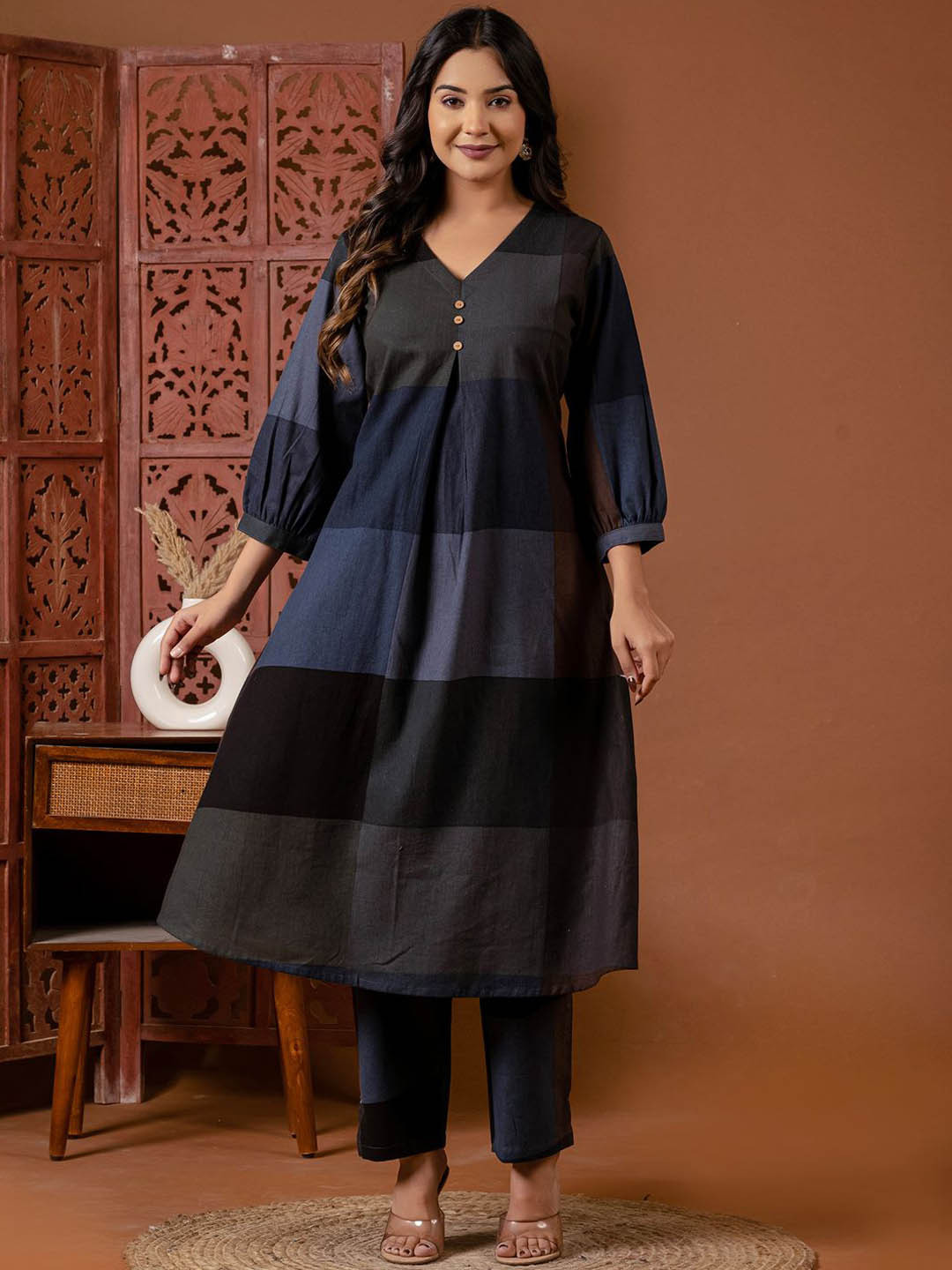Indo Era Checked V-Neck A-Line Tunic With Trouser Co-Ords