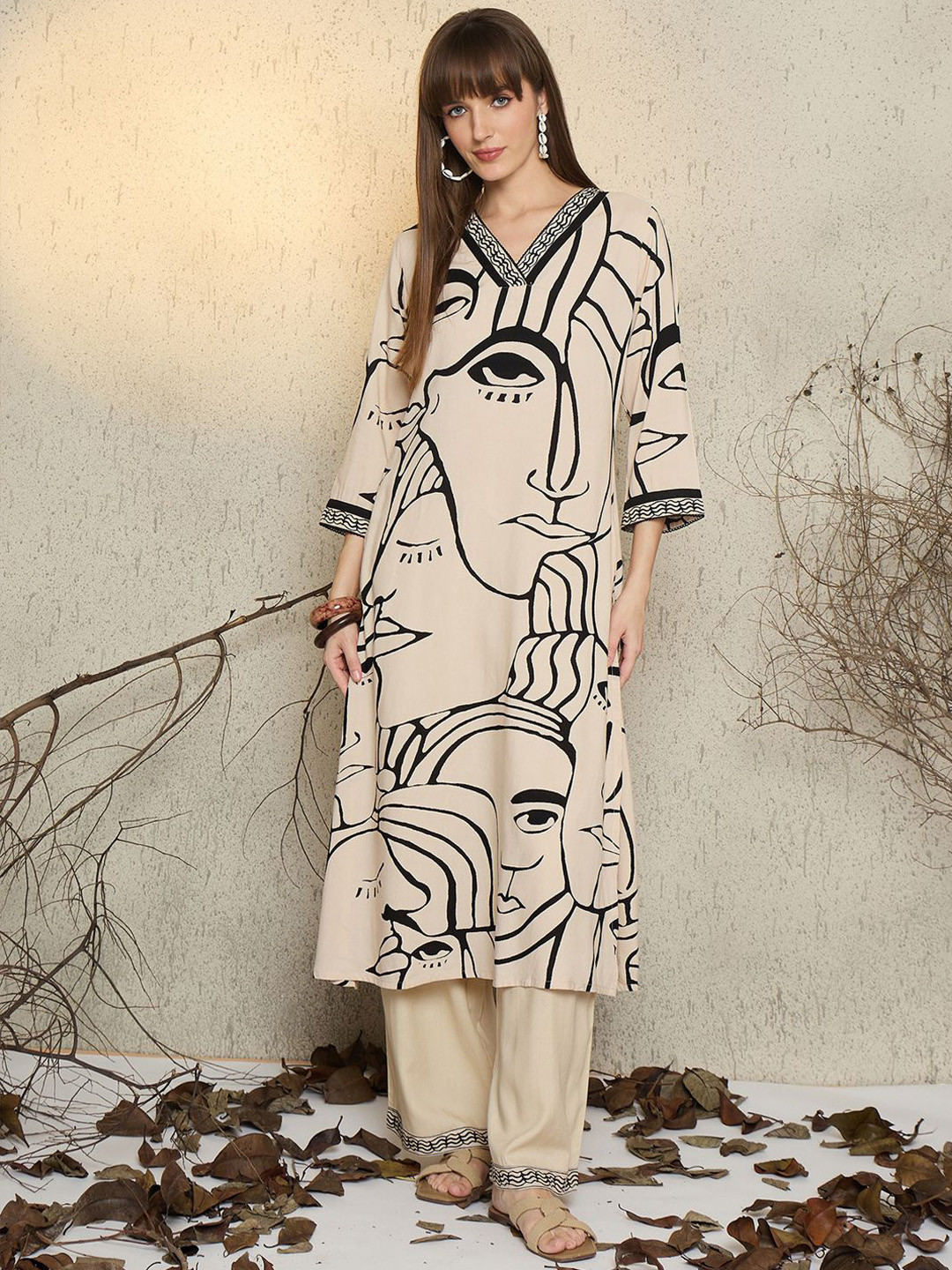Indo Era Women Abstract Printed Regular Straight Kurta with Trousers