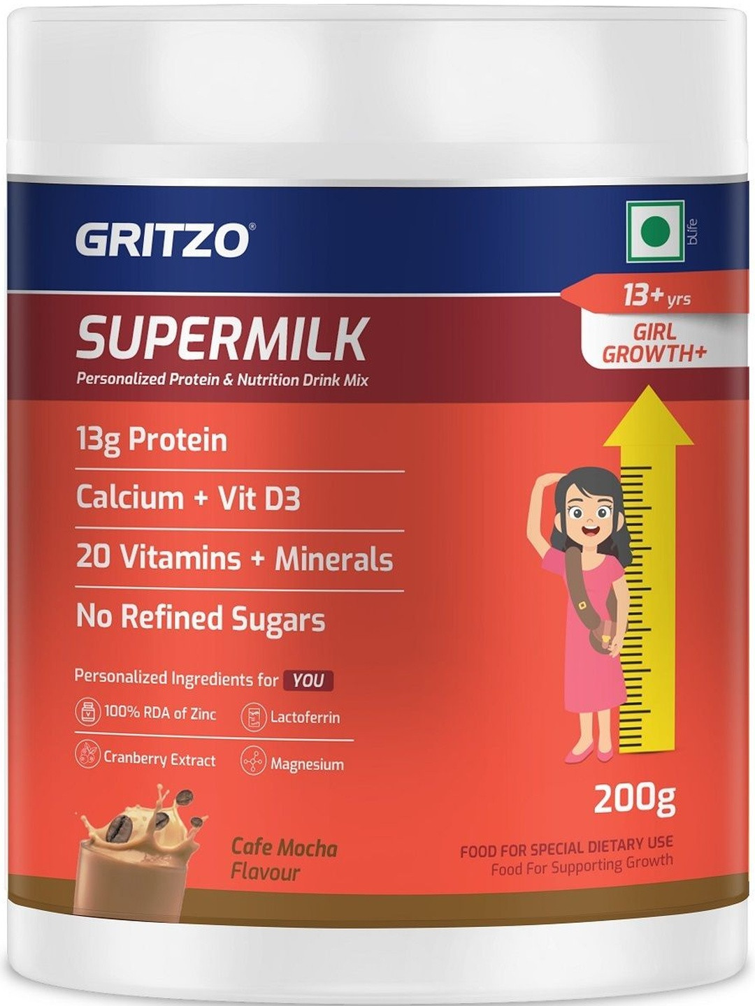 Gritzo Kids SuperMilk Growth Protein Powder- 200 g- Cafe Mocha