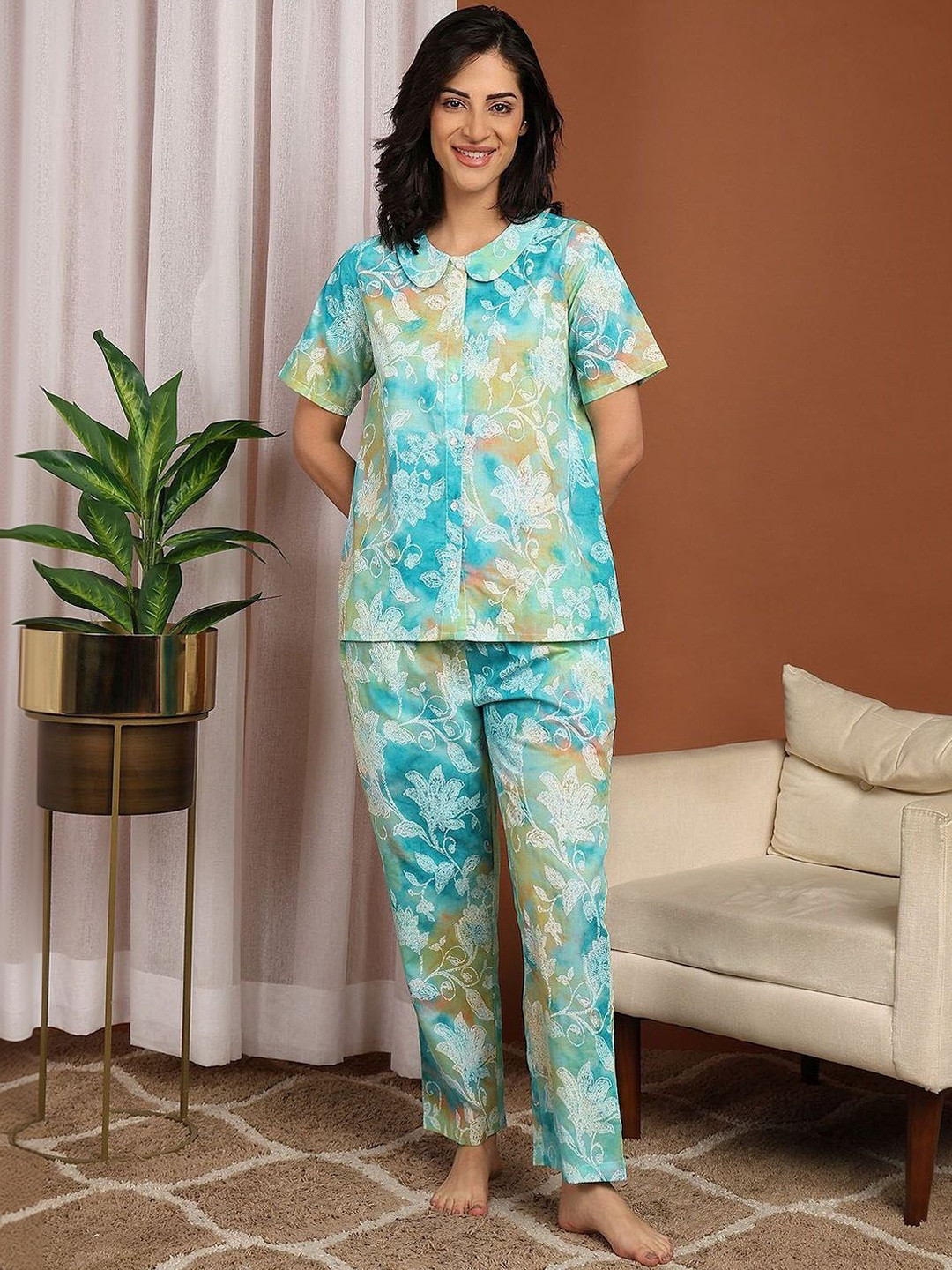 ELITRIX Women Floral Printed lapel Collar Night suit