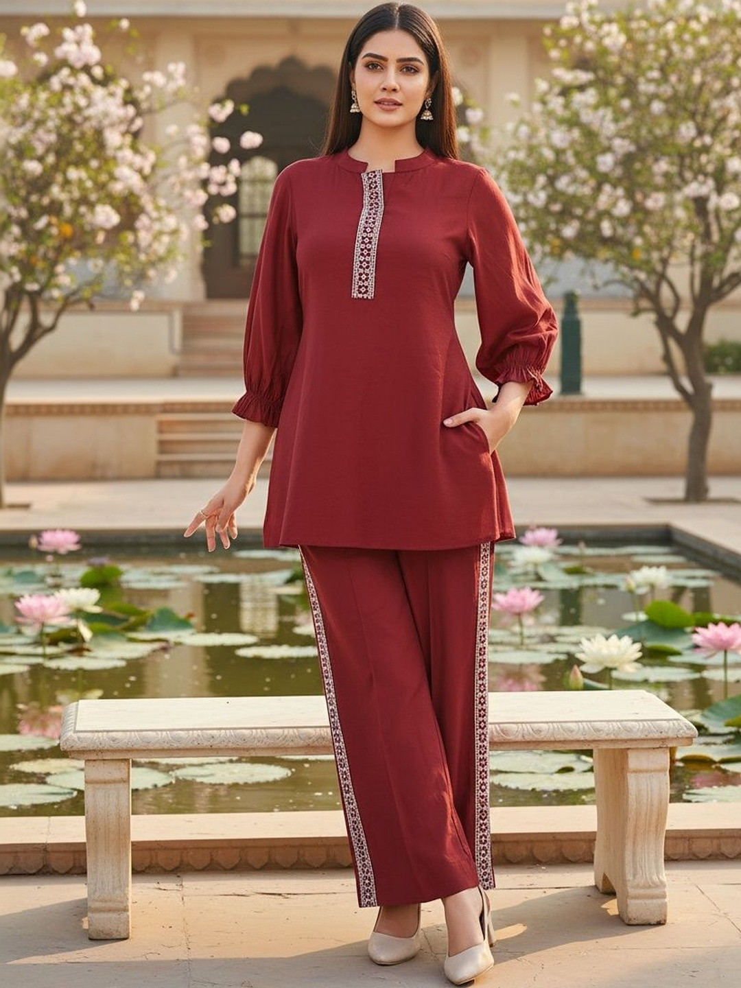 Embroidered Mandarin Collar Top with Trousers Co-Ord Set