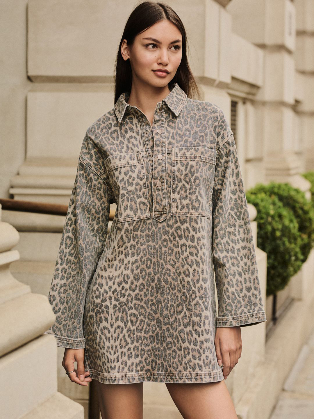 NEXT Animal Print Drop-Shoulder Sleeves Mini Shirt Dress