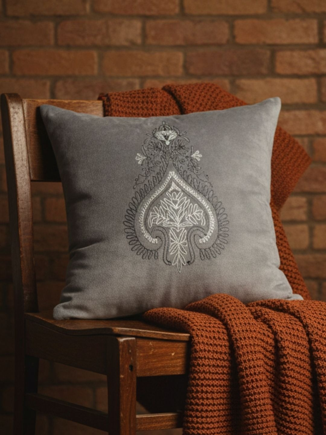 ANWYN Grey & Gunmetal-Toned Embroidered Velvet Square Cushion Covers