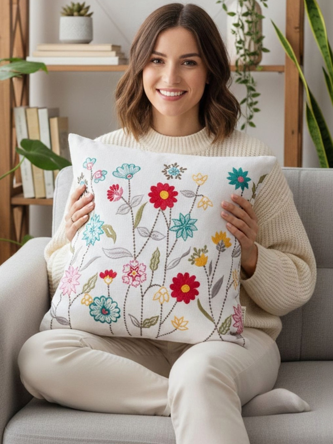 ANWYN White & Multicoloured Floral Square Cushion Covers