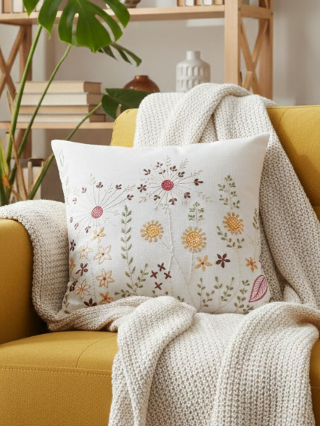ANWYN White & Multicoloured Embroidered Square Cushion Covers