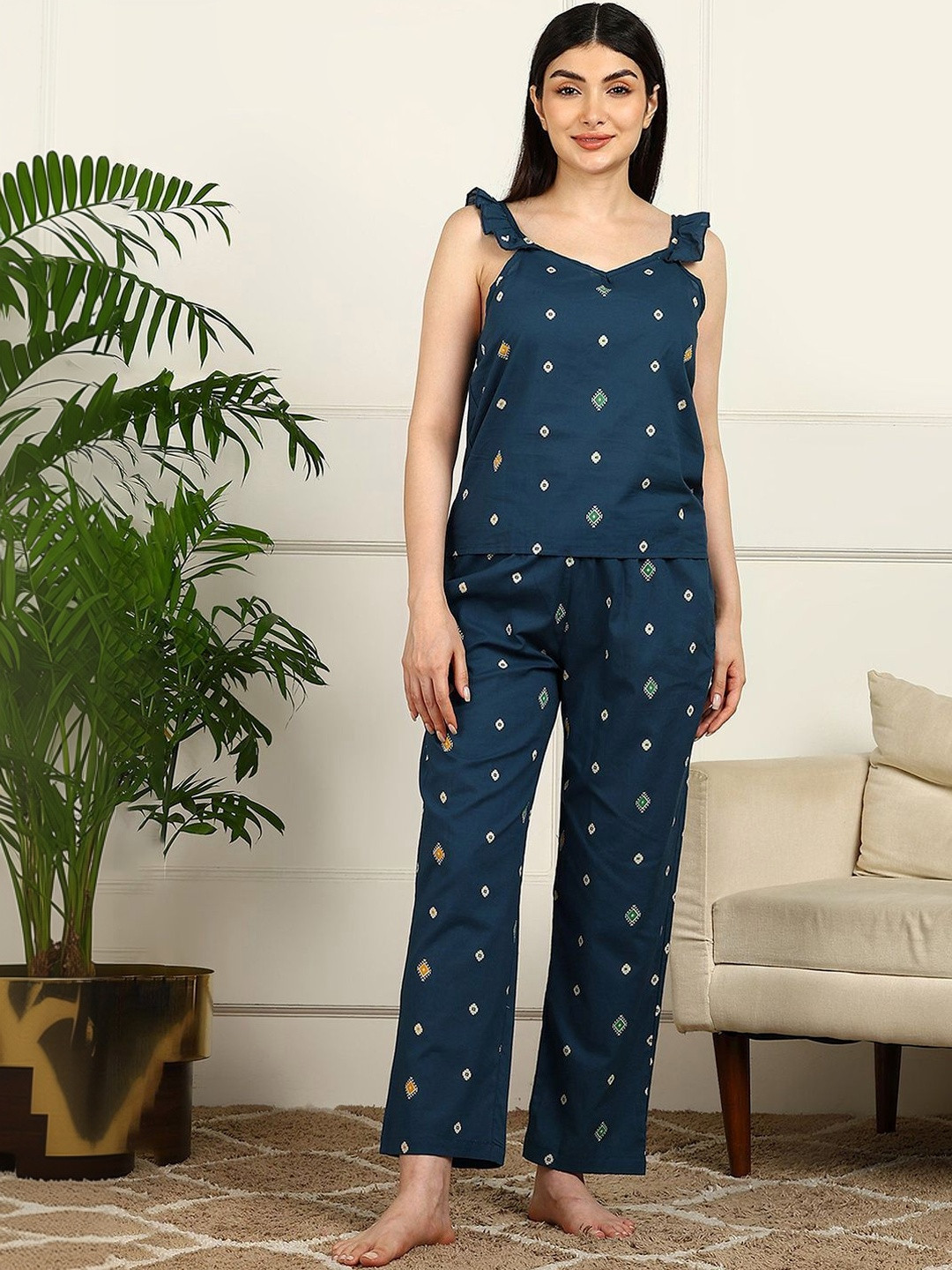 ELITRIX ETC Women Ethnic Motifs Printed Shoulder Straps Top & Pyjamas