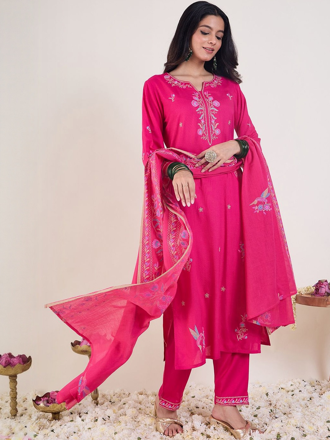 Indo Era Floral Embroidered Regular Thread Work Kurta With Trousers & Dupatta