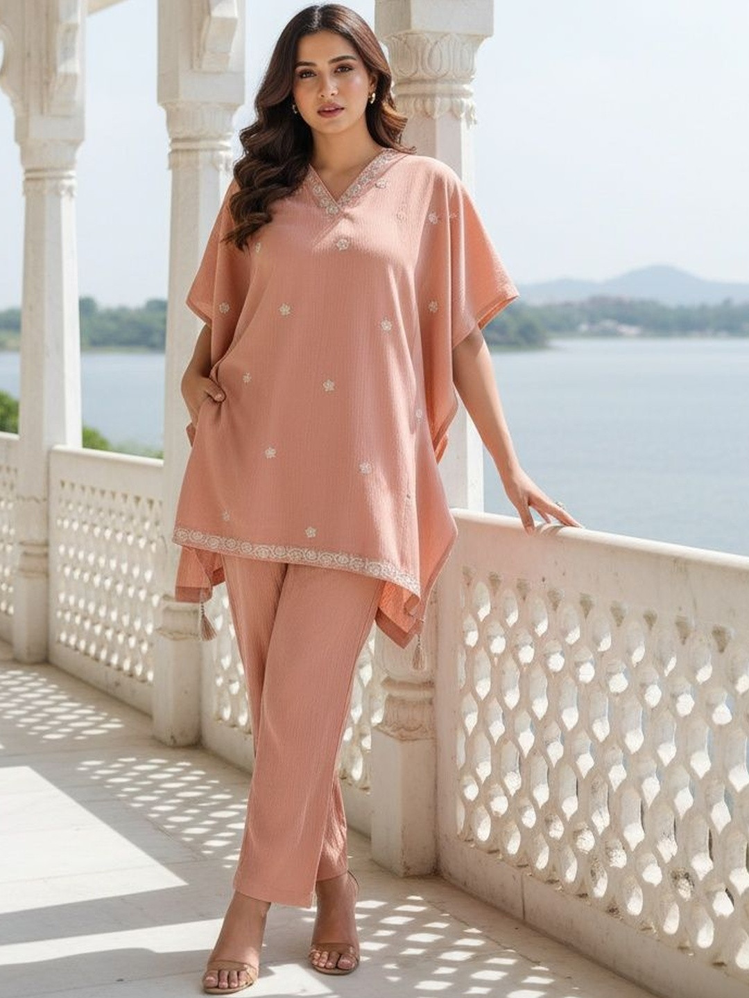 Peach Embroidered Tunic with Solid Trousers