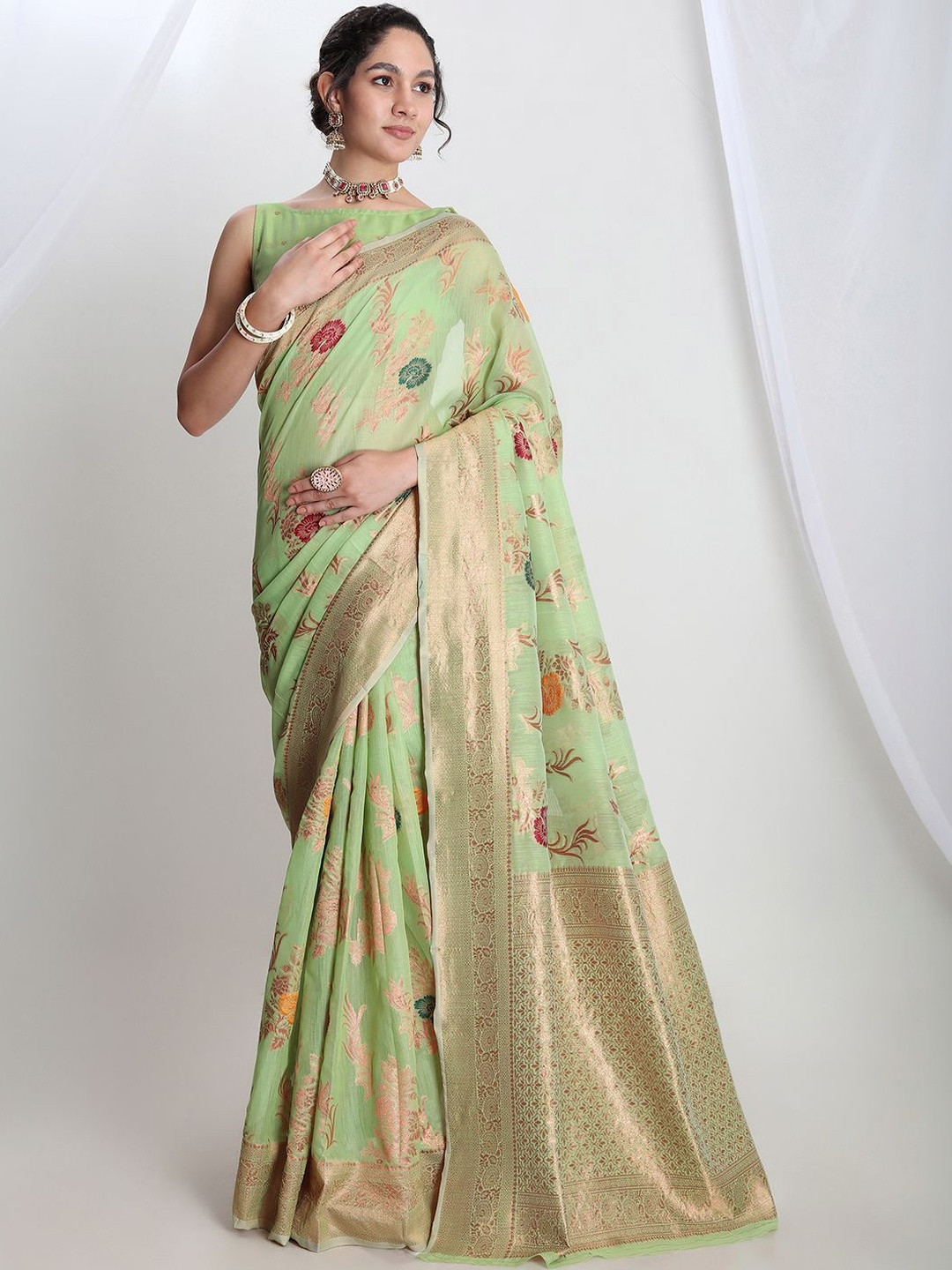THREAD BOX Floral Zari Linen Blend Handloom Saree