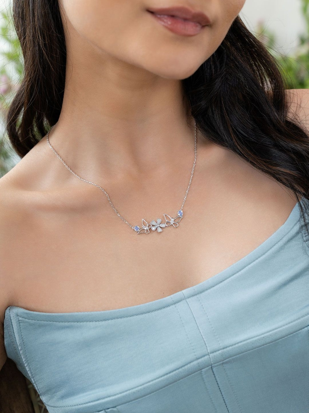Shaya by CaratLane Lily Flower Rhodium-Plated Cubic Zirconia Necklace