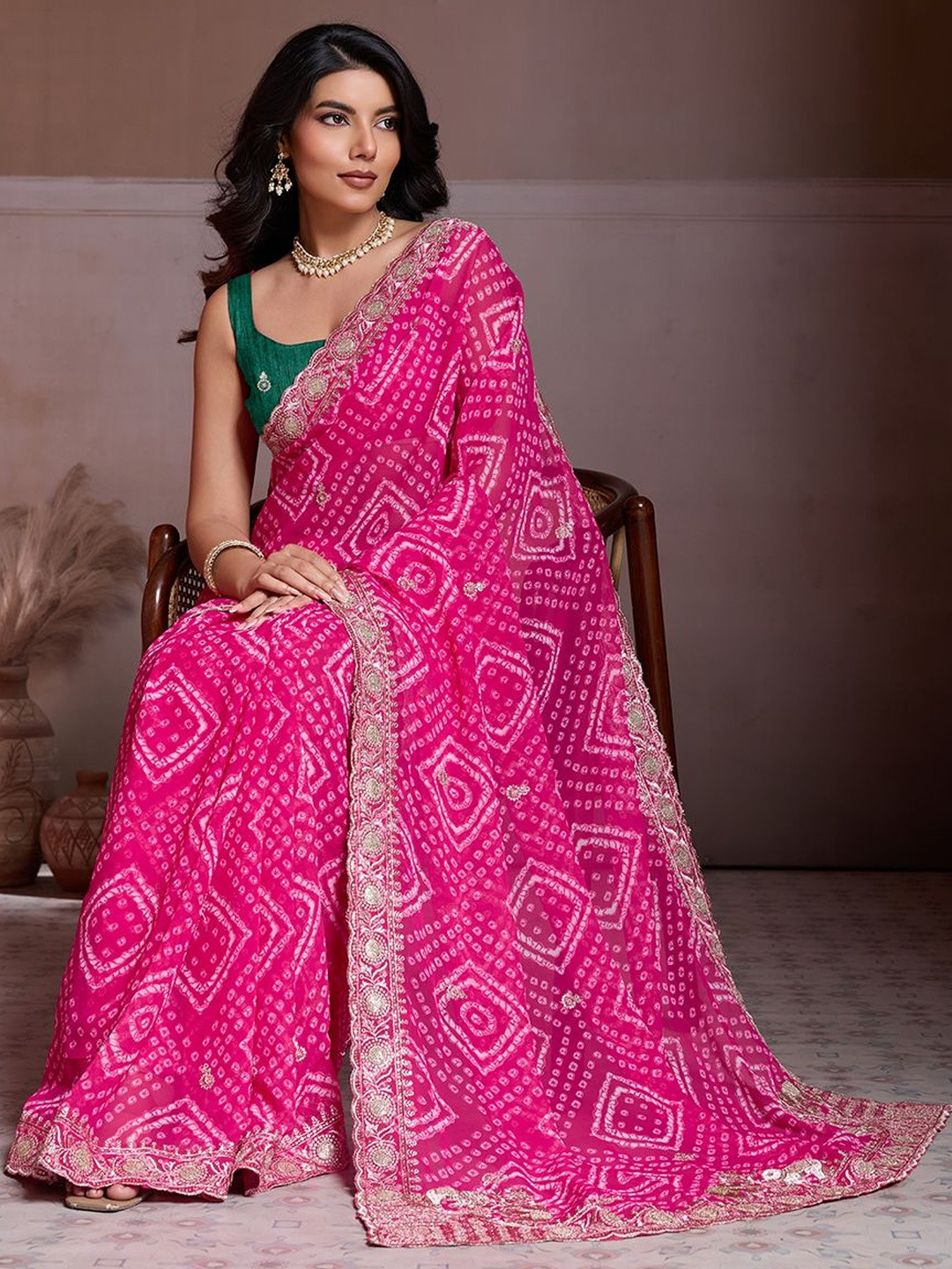 House of Pataudi Bandhani Printed Saree With Unstitched Blouse