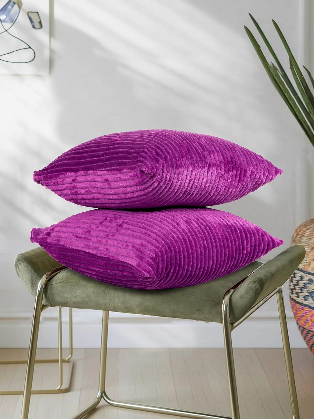 RD TREND Dark-Pink Corduroy Set of 2 Striped Square Cushion Cover 18x18 inch