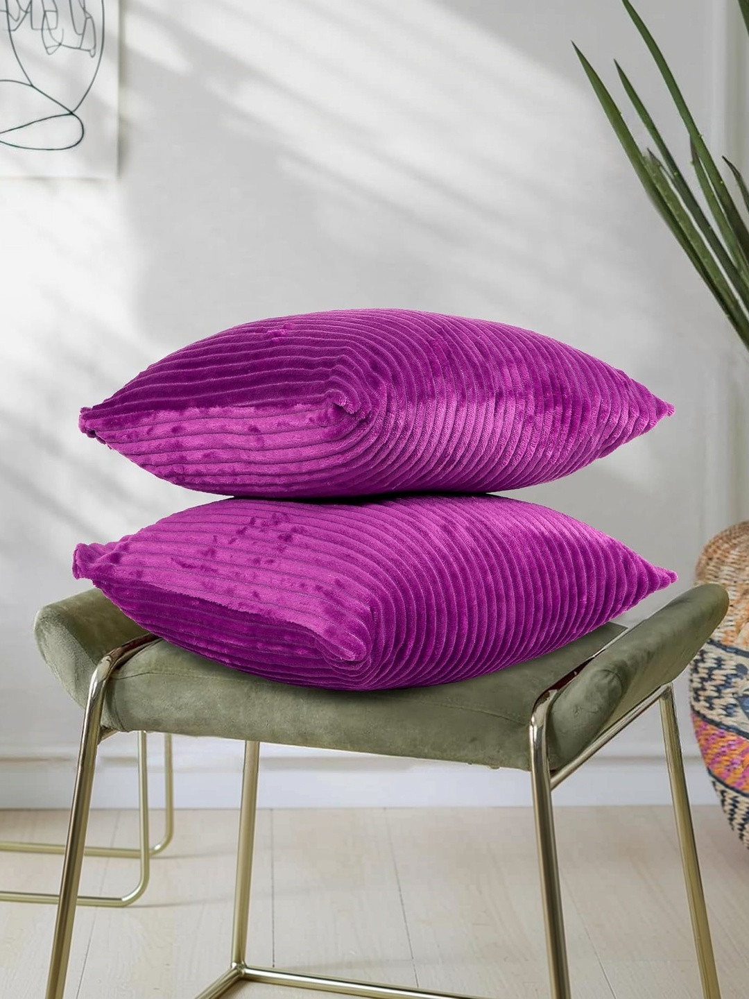 RD TREND Dark-Pink Corduroy set of 2 Striped Square Cushion Cover 16x16 inch