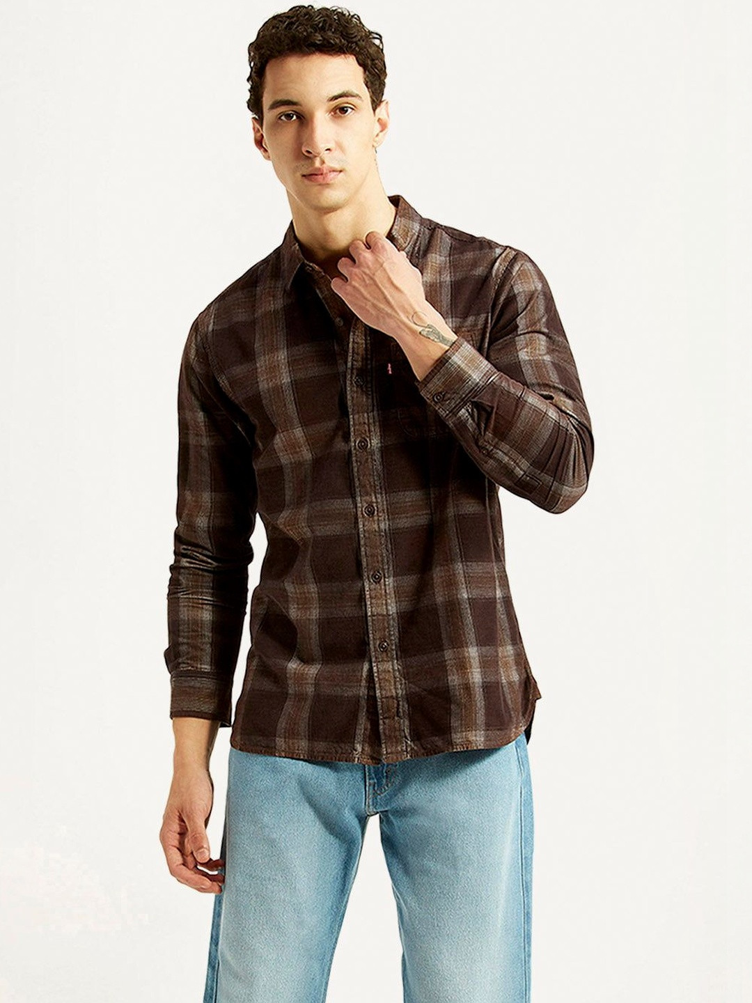Levis Men's Checkered Brown Slim Fit Shirt