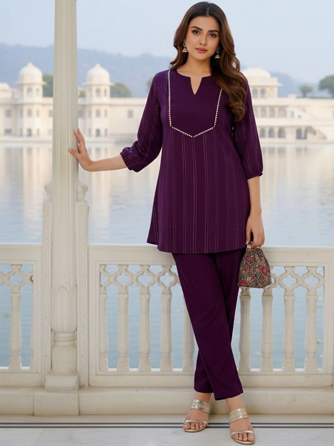 SZN Women Purple Striped Tunic with Solid Trousers