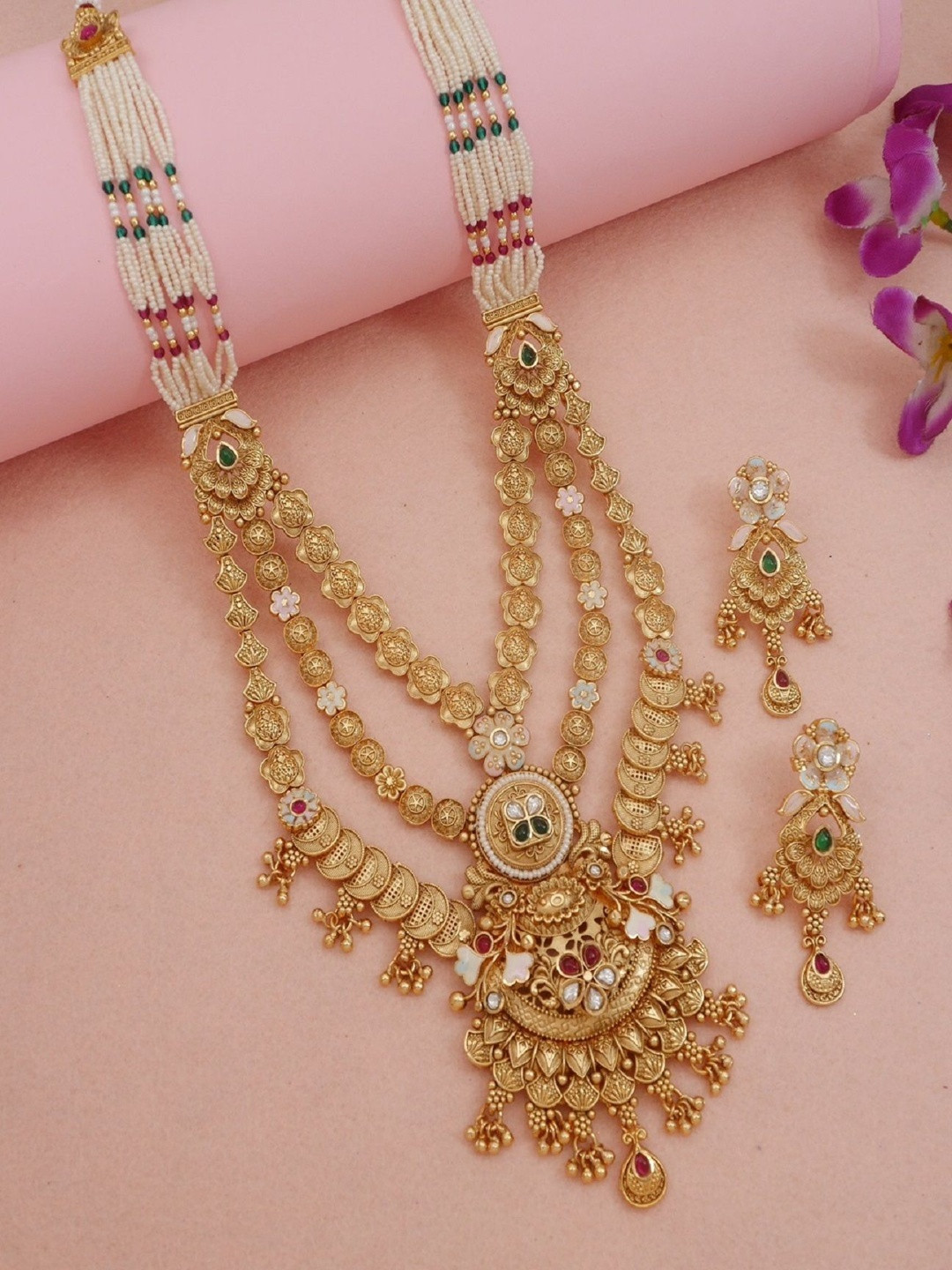 House of Pataudi Gold-Plated American Diamond-Studded Jewellery Set