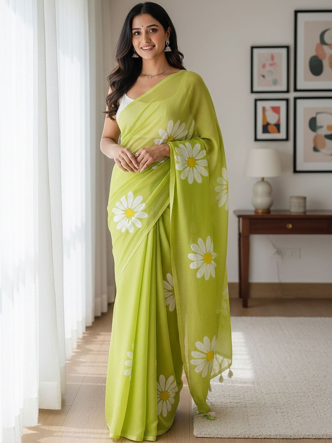 Anjaneya Sarees Floral Linen Blend Designer Block Print Saree
