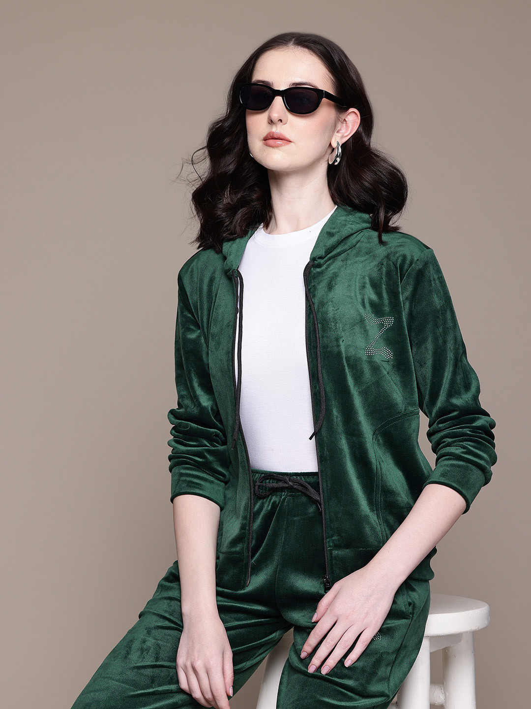 ZORI WORLD Brand Logo Embellished Hooded Velvet Co-Ords