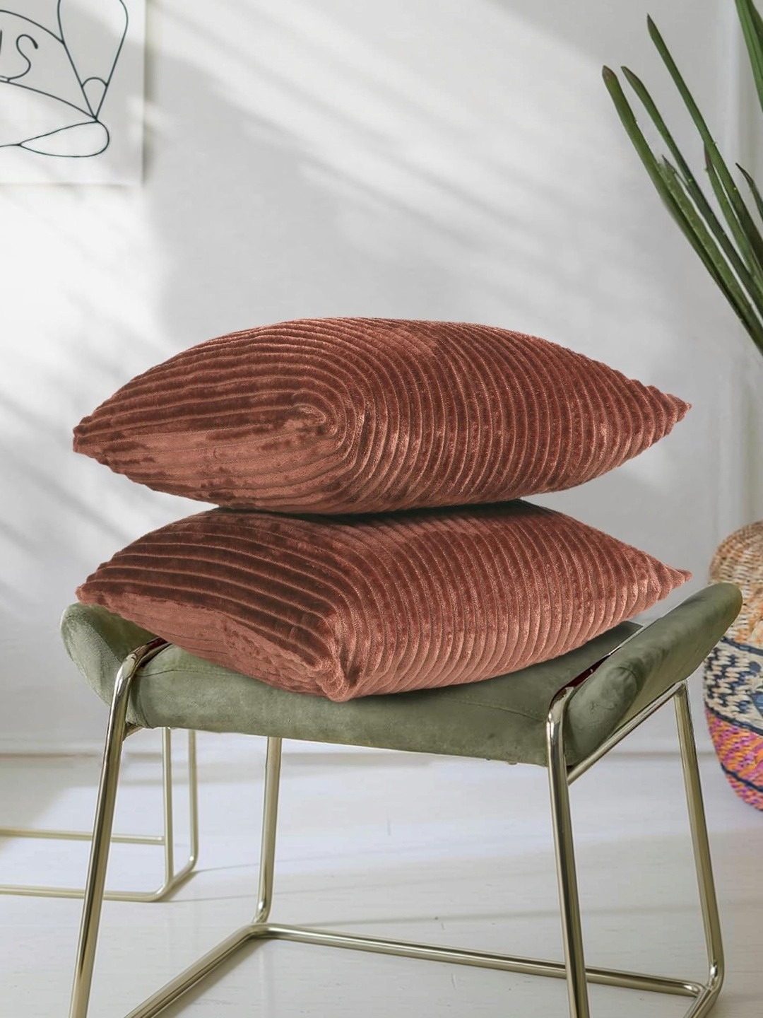 RD TREND Coffee Corduroy set of 2 Striped Square Cushion Cover 18x18 inch