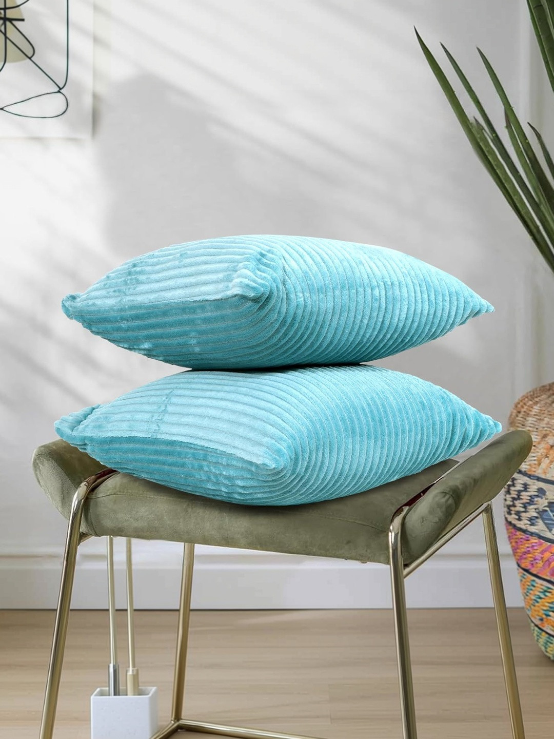 RD TREND Aqua Corduroy set of 2 Striped Square Cushion Cover 16x16 inch