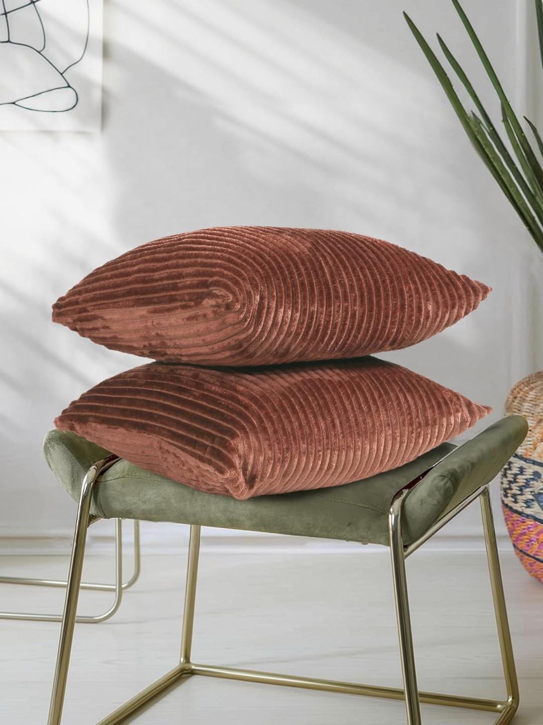 RD TREND Coffee Corduroy set of 2 Striped Square Cushion Cover 16x16 inch