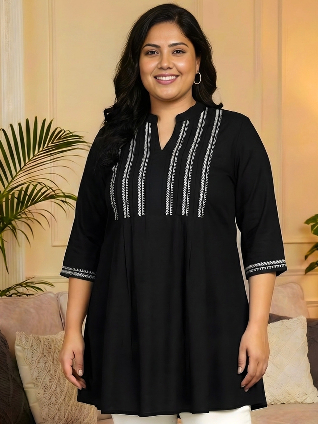 Indietoga Women Plus Size Embroidered Viscose Rayon Pleated Tunic
