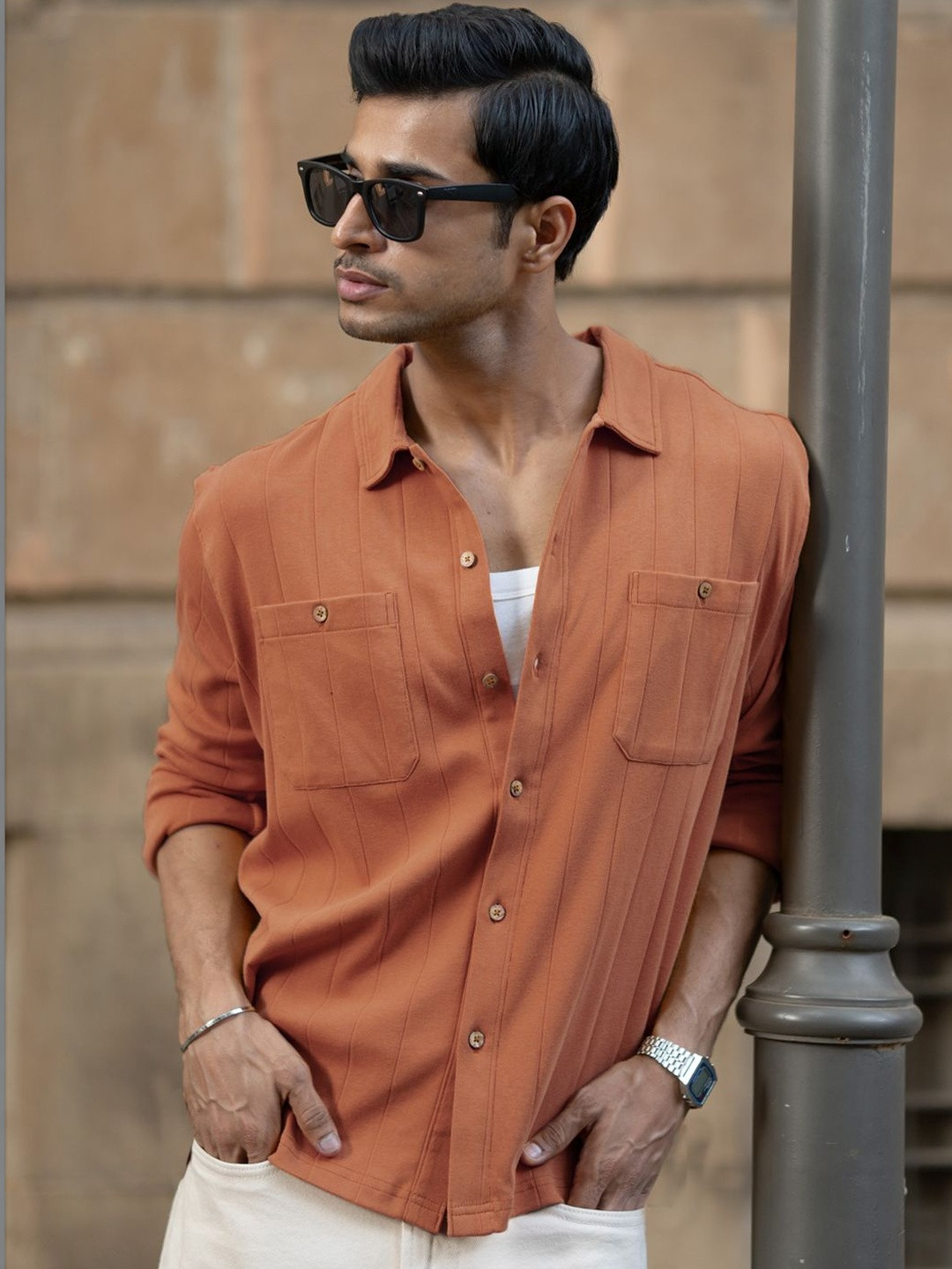 Powerlook Russet Structure Striped Cotton Long Sleeves Shirt