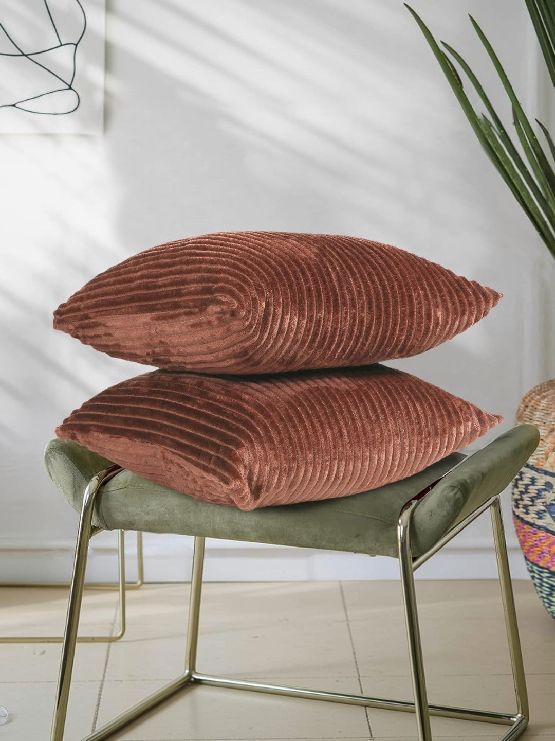 RD TREND Coffee Corduroy Set of 2 Striped Square Cushion Cover 24x24 inch