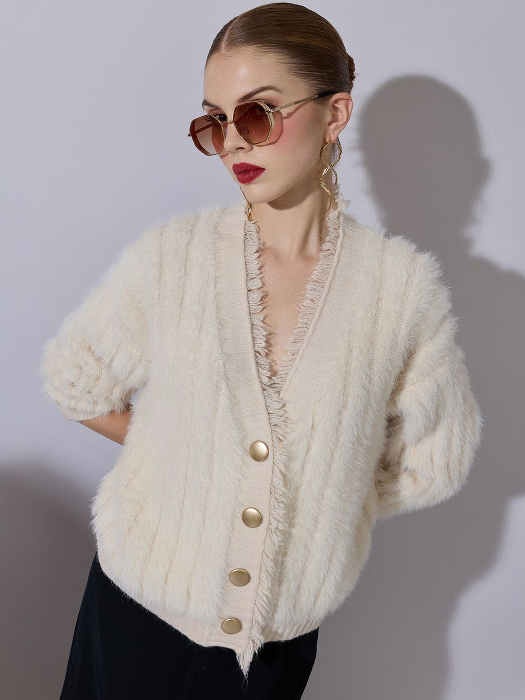 SHOWOFFFF Women Ribbed Cardigan with Fuzzy Detail