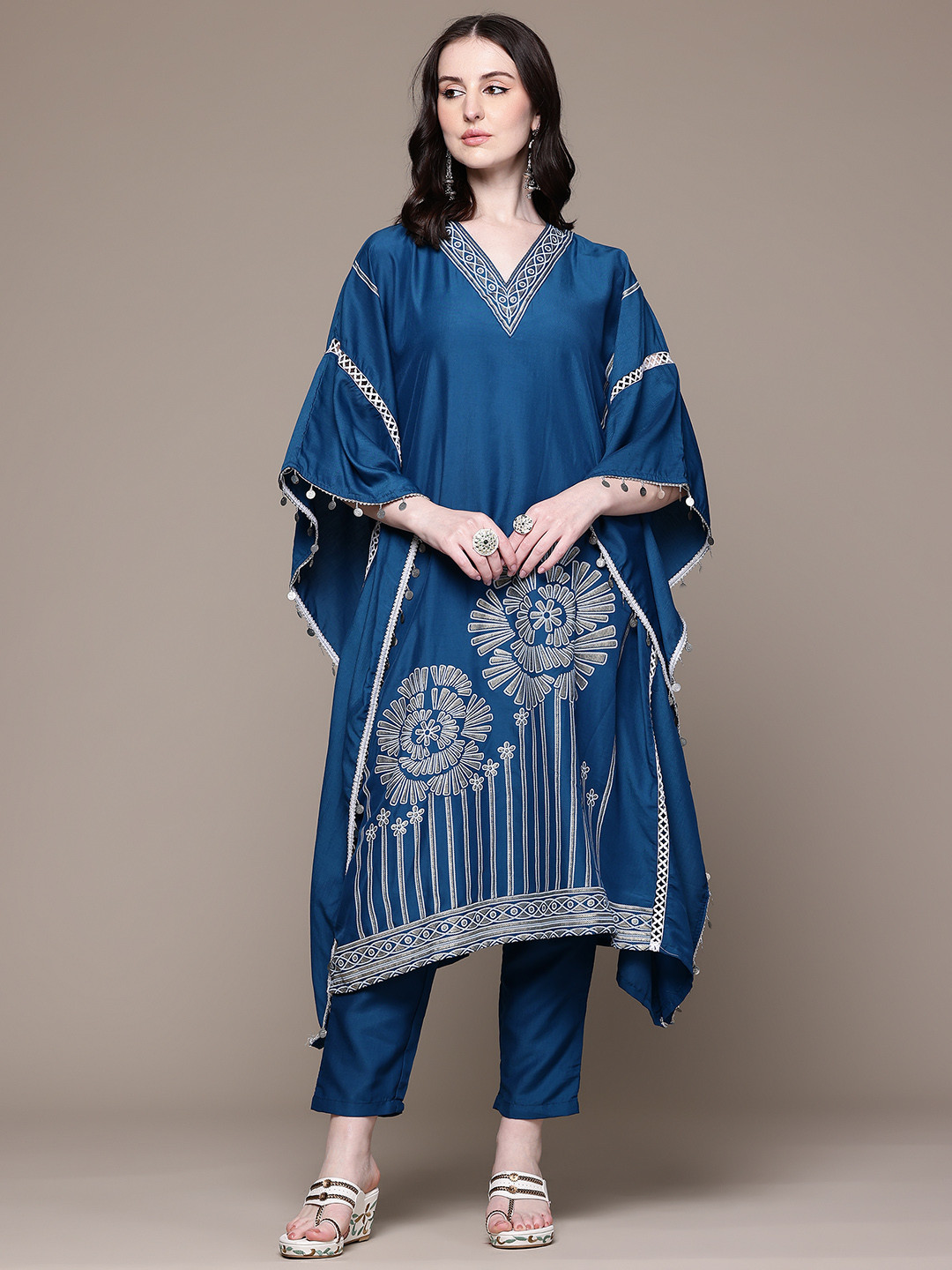 ZIYAA Ethnic Motifs Printed Kaftan Kurta with Trousers