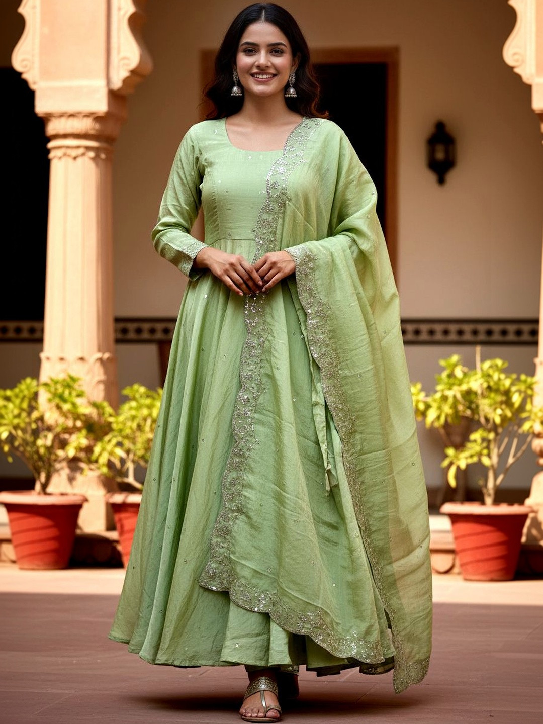 Sangria Sequence Work Round Neck Anarkali Kurta & Trousers With Dupatta
