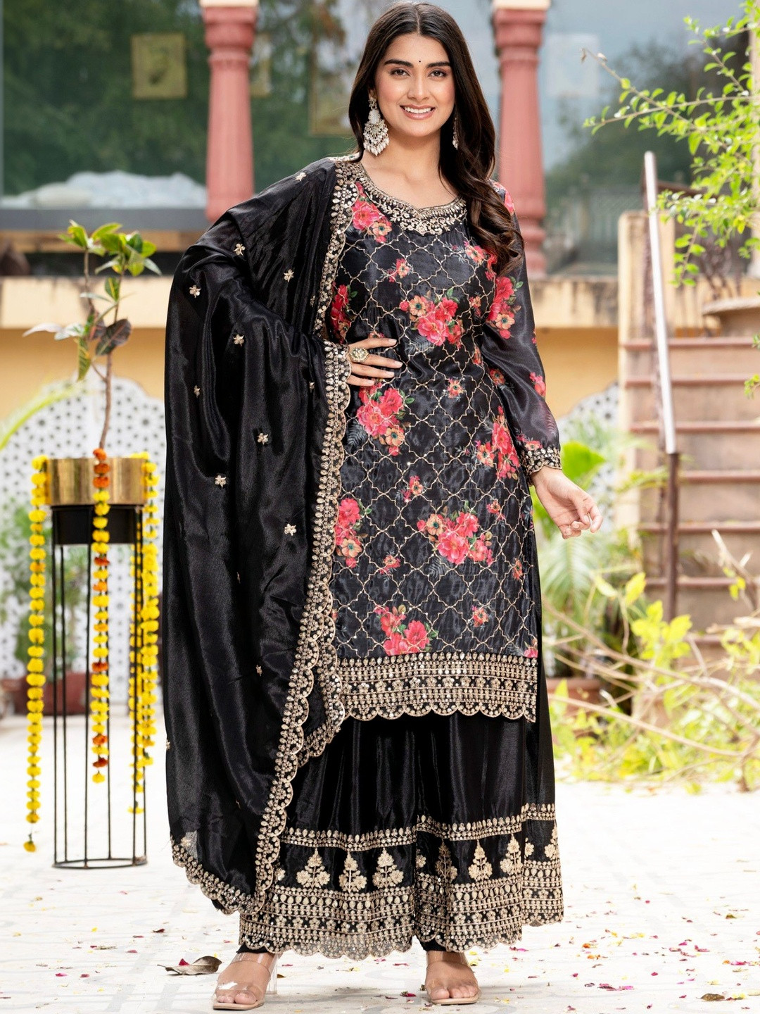KALINI Women Floral Printed Regular Gotta Patti Kurta with Sharara & With Dupatta