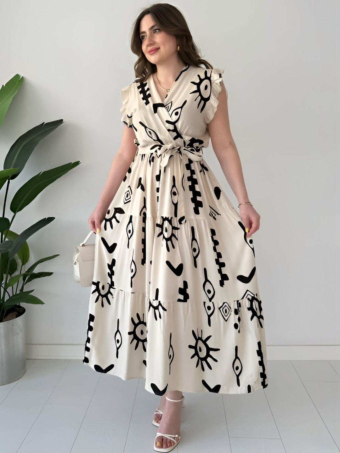 ZWERLON Print Flutter Sleeve Maxi Dress