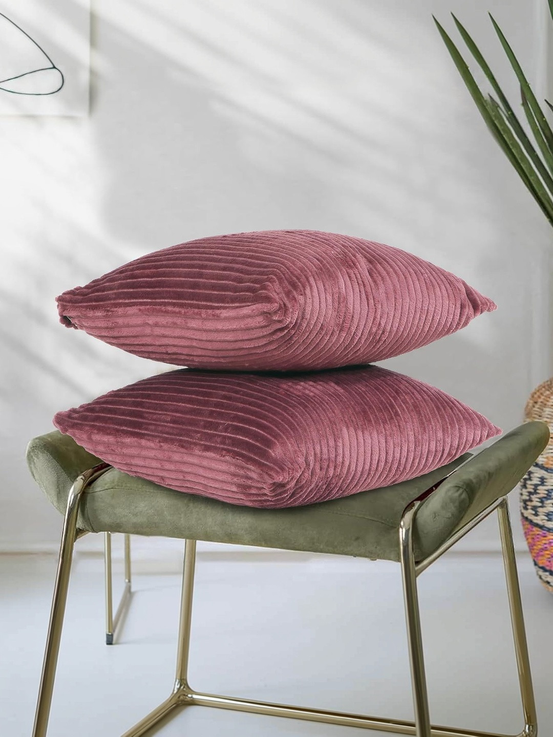 RD TREND Wine Corduroy set of 2 Striped Square Cushion Cover 18x18 inch