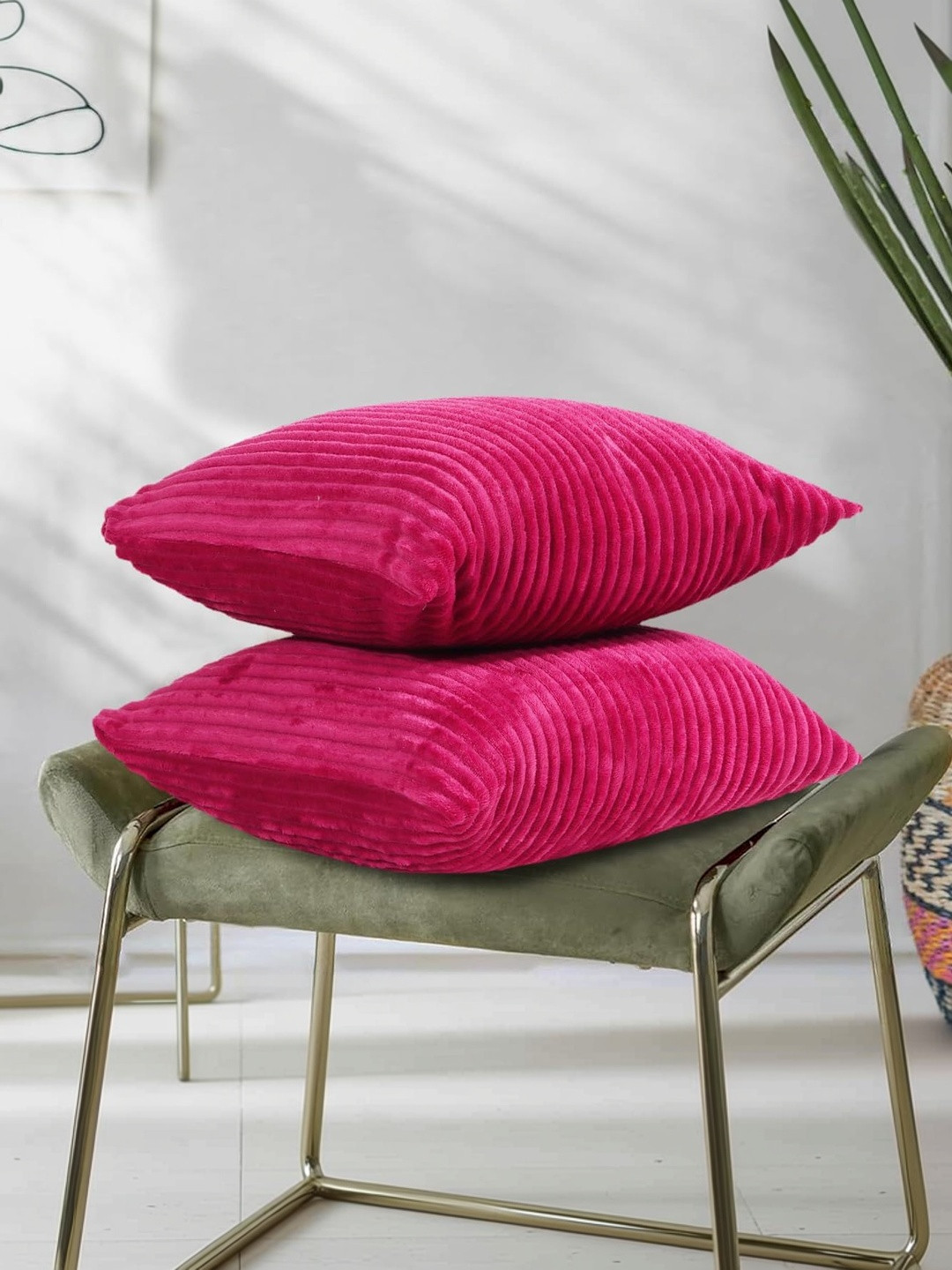 RD TREND Magenta Corduroy set of 2 Striped Square Cushion Cover 16x16 inch