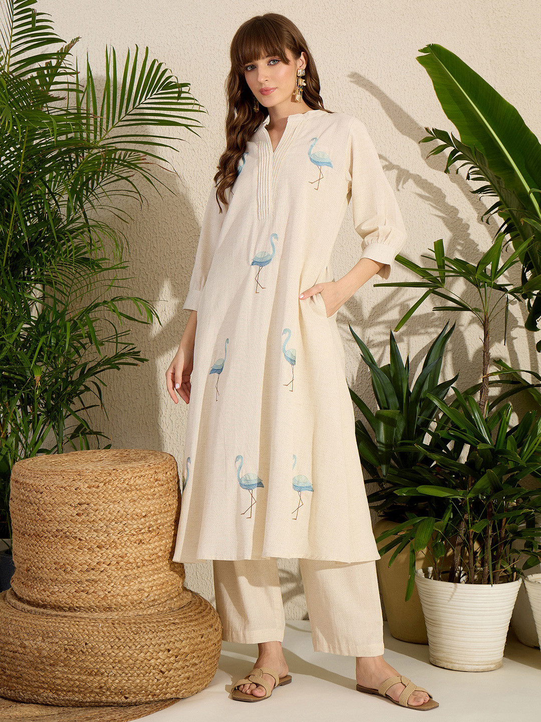 Indo Era Adults-Women Woven Design Embroidered Cotton A-Line Kurta with Trousers