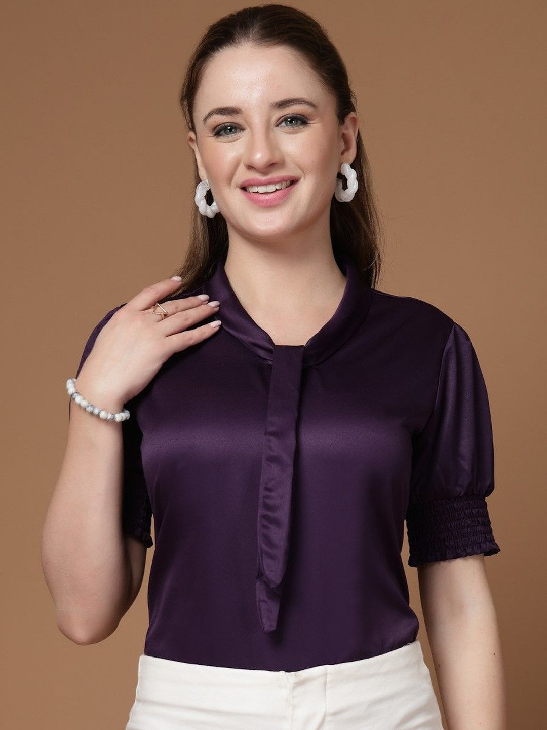 Style Quotient Tie-Up Neck Puff Sleeve Satin Top