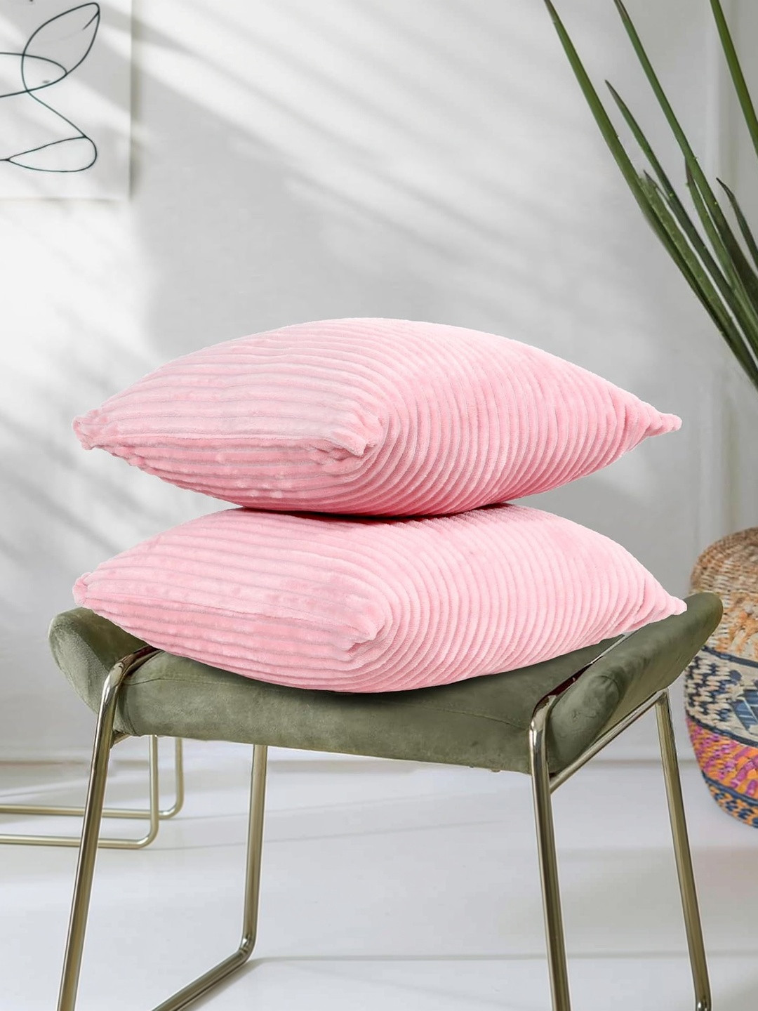 RD TREND Peach Corduroy set of 2 Striped Square Cushion Cover 16x16 inch