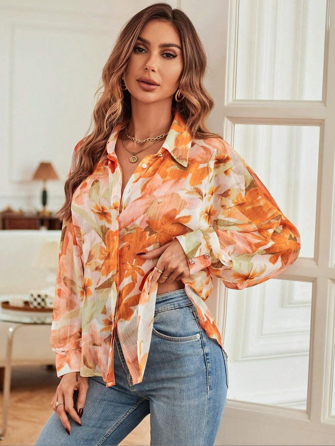 FERY LONDON Women Standard Floral Semi Sheer Printed Casual Shirt