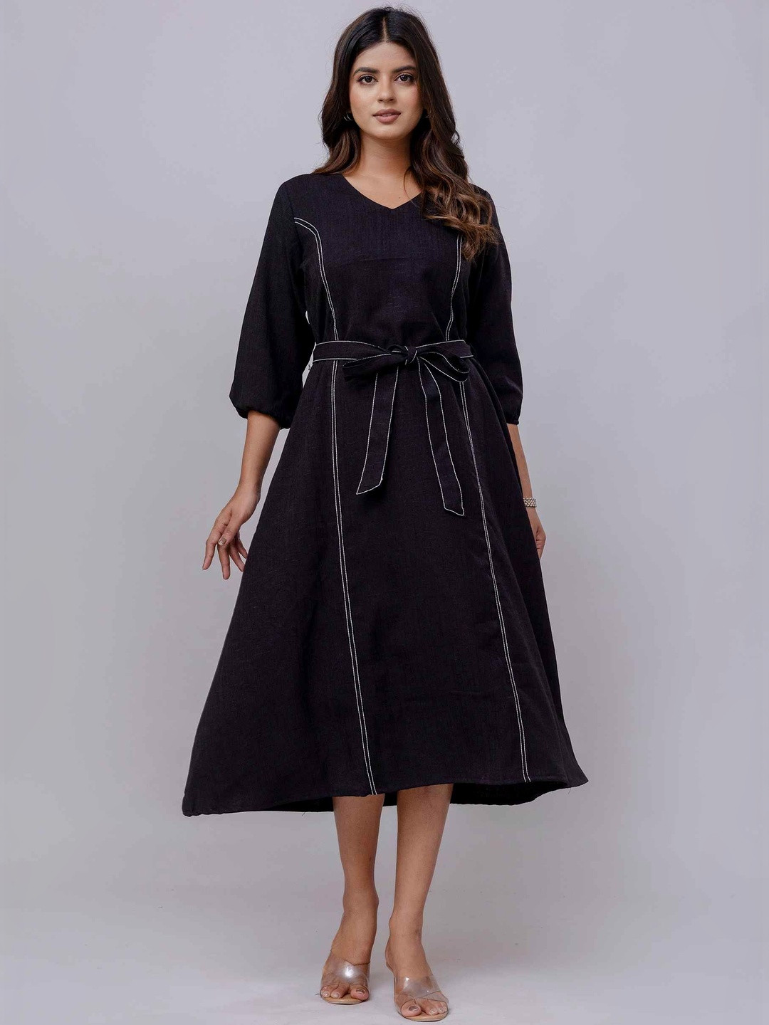 Meeranshi Linen Fit & Flare Midi Dress