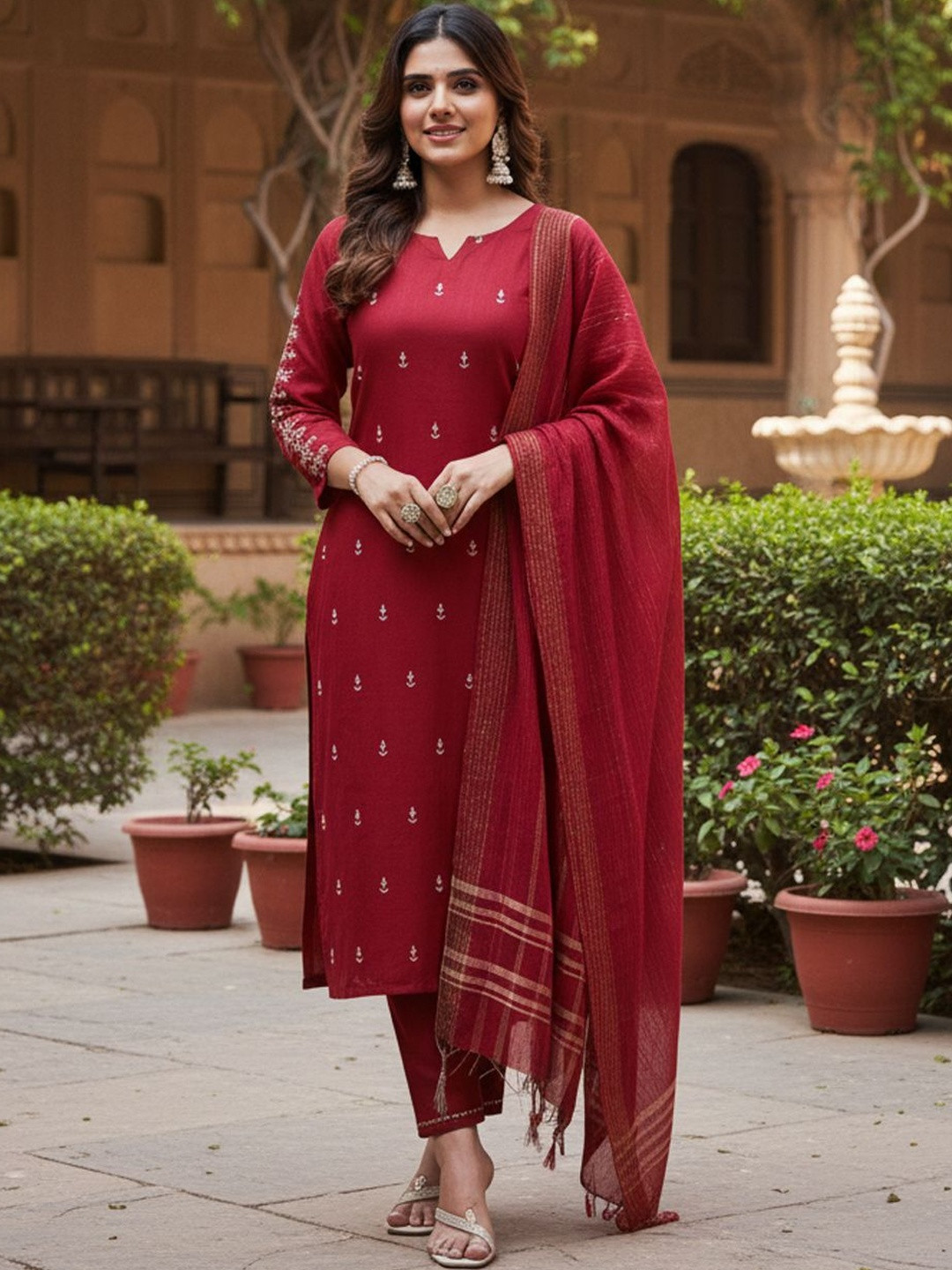 ARADHNA Women Ethnic Motifs Embroidered Regular Thread Work Kurta with Trousers & With Dupatta