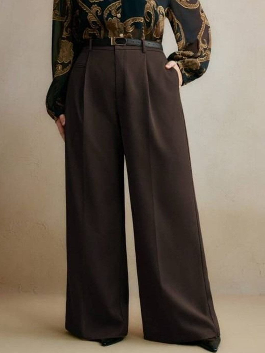 Next One Women Smart Loose Fit High-Rise Easy Wash Pleated Trousers